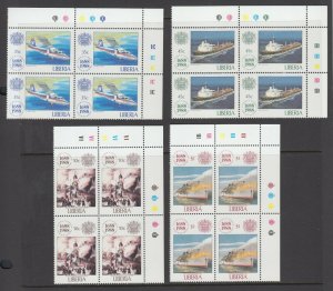 Liberia Sc 1101-1104 MNH.1988 Lloyd's of London corner blocks of 4, complete set