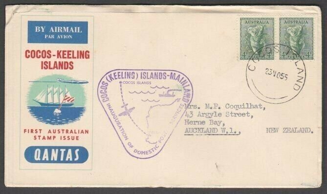 COCOS ISLAND 1955 Australia 4d Koala on Qantas flight cover to NZ...........M508