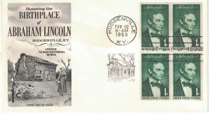 #1113, 1c Abraham Lincoln, Fleetwood cachet, block of 4