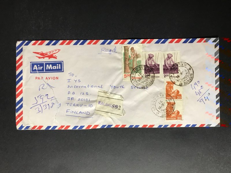 India Registered Cover to Finland City Cancel (1980s-1990s)