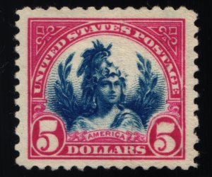 Scott #573a VF - $5 Carmine Lake & Dark Blue - Used with PSE cert - 1923