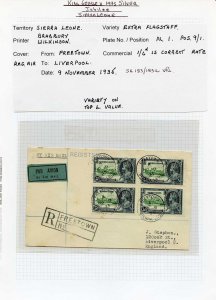 Sierra Leone SG183a 1935 Silver Jubilee 5d Extra Flagstaff Block 4 on Cover 