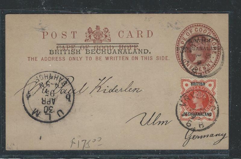 BECHUANALAND (PP0312B) 1905 QV 1D PSC UPRATED GB OVPT QV 1/2D TO GERMANY NO MSG