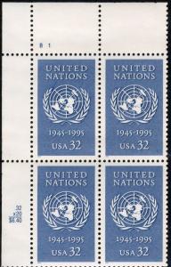 SC#2974 32¢ United Nations 50th Anniversary Plate Block: UL #B1 (1995) MNH