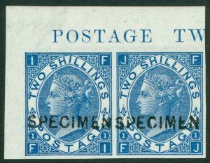 SG J118t. 1867. 2/- blue imperf corner marginal pair with inscription, over...