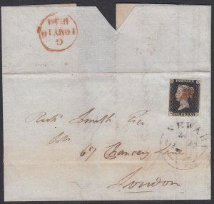 1840 1d black plate 2 lettered DI on entire letter posted on the second... 