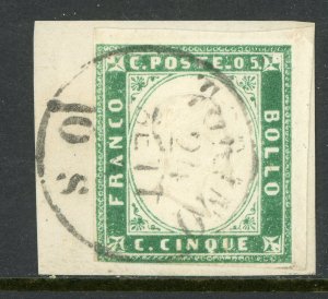Italy 1855 Sardinia 5¢ Emerald Scott #10e On Piece Signed A. Diena F866