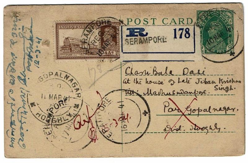 India 1941 Registered Uprated Reply Card, Entire, Small Pinholes - Lot 101517