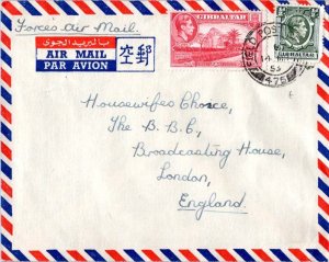 Gibraltar 1/2d KGVI and 2d KGVI The Rock 1953 Field Post Office 475 Airmail t...