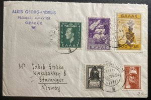 1954 Plomari Greece Colorful Cover To Staranger Norway Esperanto Congress Seal