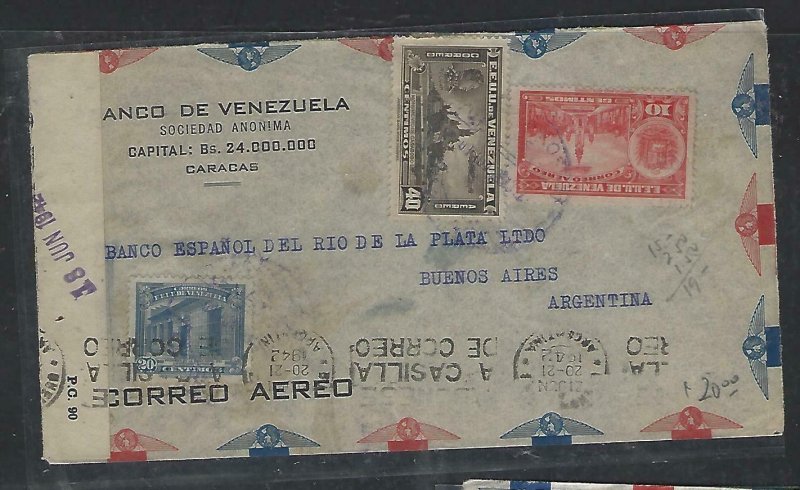 VENEZUELA  COVER (P2709B) 1942 10C+20C+40C CENSOR A/M COVER TO ARGENTINA