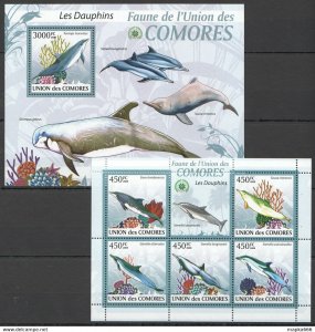 2009 Comoros Fish & Marine Life Dolphins Kb+Bl ** Uc011