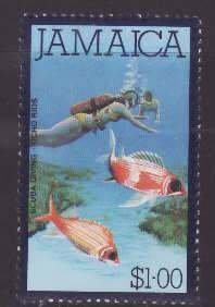 Jamaica-Sc#480- id7-unused NH $1 Marine Life-Fish-1976-