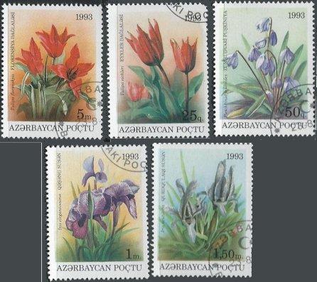 Azerbaijan 379-83 (used cto, short set) flowers (1993)