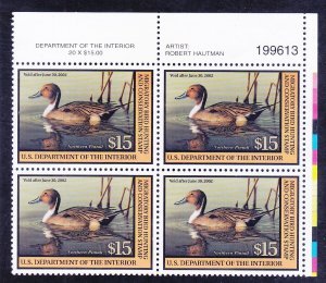 US RW68 MNH OG 2001 $15 Northern Pintail Duck Hunting Stamp Plate Block of 4