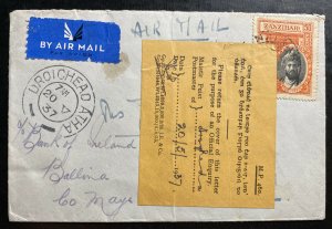 1937 Zanzibar Airmail Cover To Mayo Ireland Returned Cover Imperial Airways 