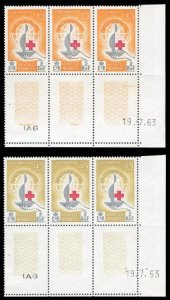 New Hebrides 1963 QEII 'Red Cross Centenary' 15c & 45c blocks MNH. SG F108-F109.