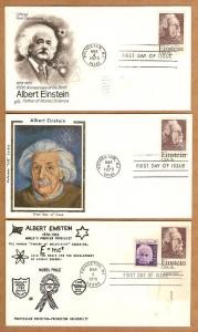3 FDCS, #1774, Albert Einstein, 3 different cachets, UA