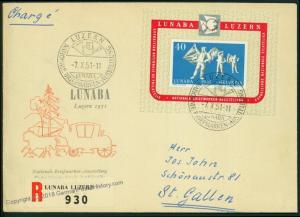 Switzerland 1951 Lunaba Swiss Souvenir Sheet Block 14 ScB206 On Cover 50088