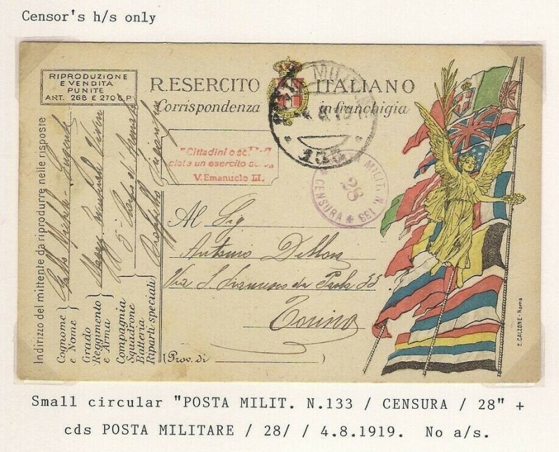 Italia 1919 POSTA MILITARE N.133 CENSURA 28 Italy WW1 Military Censor Postcard