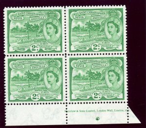 St Kitts-Nevis 1954 QEII 2c green Imprint block of four superb MNH. SG 108.