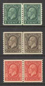 Canada Sc# 205-207 MNH Pairs 1933 1¢-3¢ KGV Medallion Coil Stamps