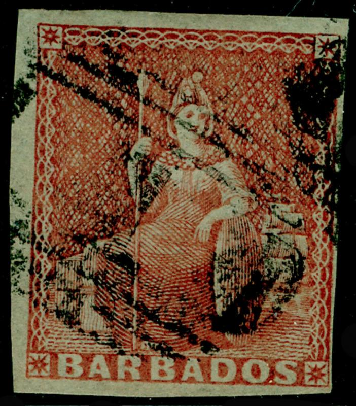 BARBADOS SG5, 4d Brownish Red, FINE USED, 4 MARGINS. Cat £275.