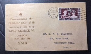 1937 England Royalty Coronation Cover London to Buckhurst Hill Essex George VI