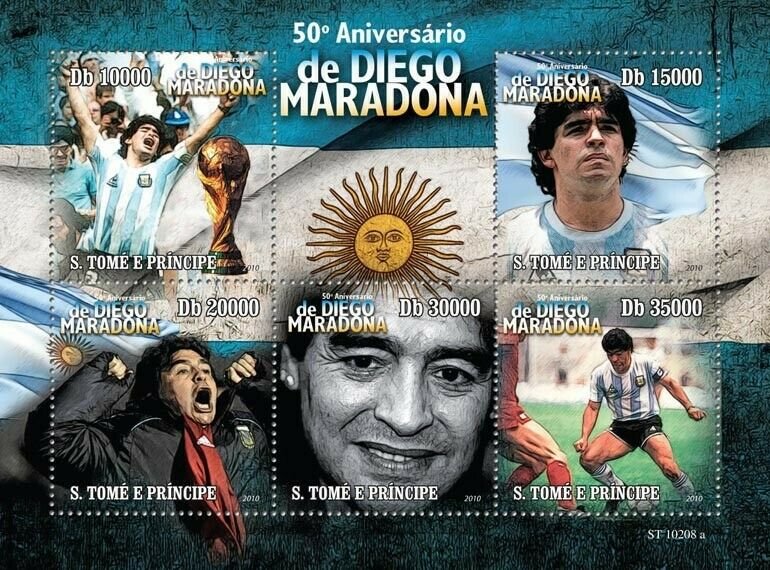 Sao Tome & Principe Football Stamps 2010 MNH Diego Maradona Sports People 5v M/S