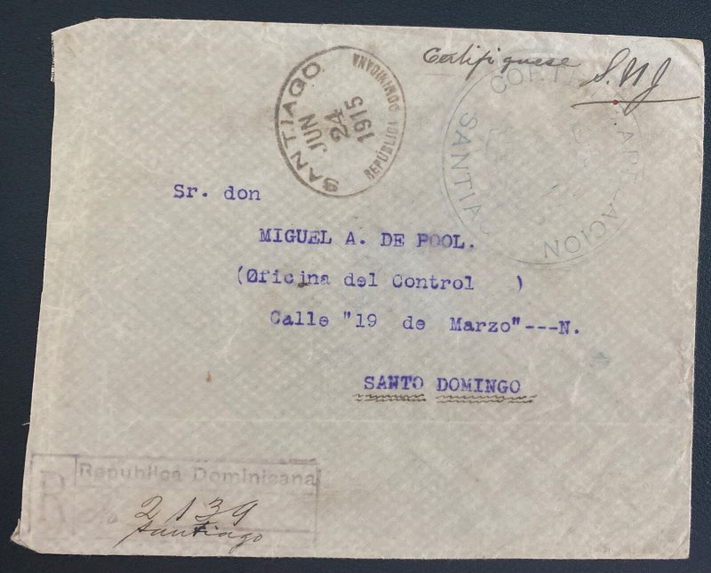 1915 Santiago Dominican Republic Registered cover to Santo Domingo Registered