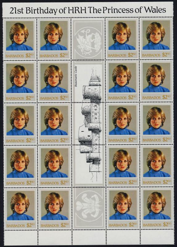 Barbados 585-8 Gutter strips of 20 MNH Princess Diana 21st Birthday, Crest