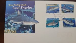 P) 2003 COCOS ISLANDS, REEF SHARKS, ENDEMIC SPECIES, COMPLETE SERIES, FDC XF