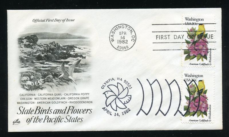 US 1999 State Birds & Flowers - Washington UA ArtCraft FDC, Dual ST & DC Cancels