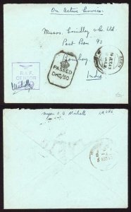 Aden 1943 Stampless RAF Censor cover to India