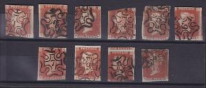 Great Britain Sc 3 used. 1841 1p red, 10 different Maltese Cross numeral cancels