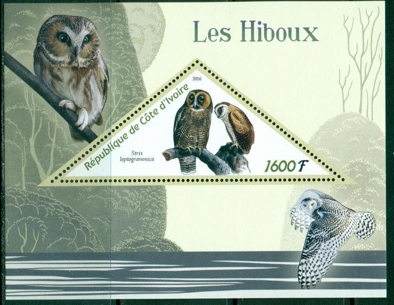 Owls Bird Fauna Ivory Coast MNH stamp set 2val and souvenir sheet