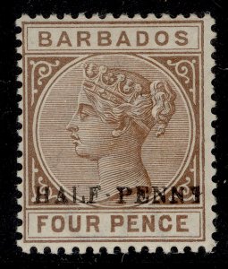 BARBADOS QV SG104 var, 1892 ½d on 4d, DAMAGED LETTERS on ovpt, NH MINT.