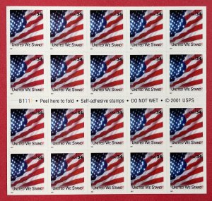 3549 a UNITED WE STAND FLAG Booklet Pane of 20 US 34¢ Stamps MNH 2002