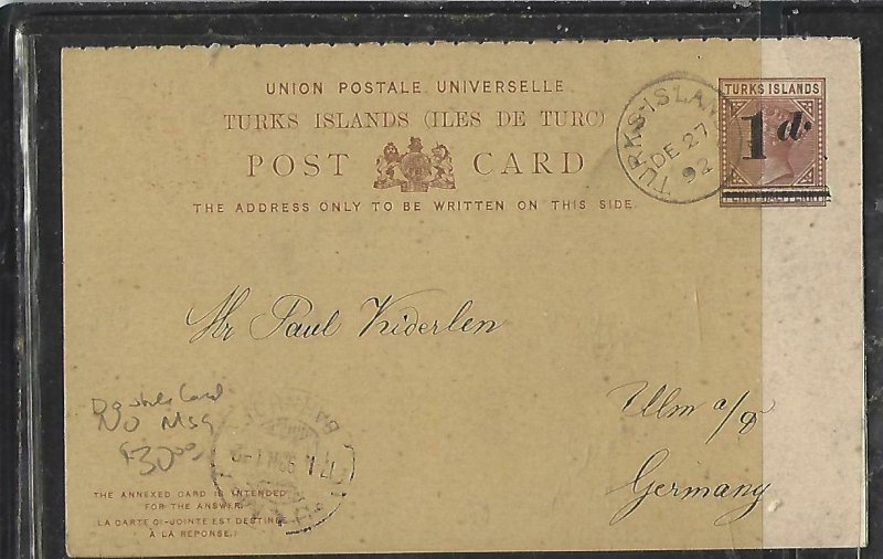 TURKS ISLANDS  (PP1109BB)  1D/ 1 1/2D REPLY PSC SENT TO GERMANY, NO MSG