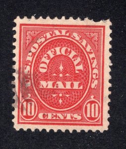 1910 10c carmine Postal Savings Official, Scott O126 used, value = $2.00