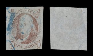 Scott #1 CV=$350 - Blue Cancel Imperf Franklin Stamp - 1847 US Brown 5 Cent 