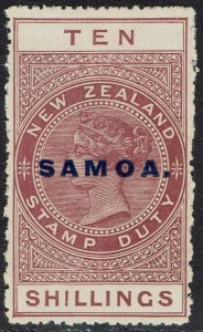 SAMOA 1914 QV NEW ZEALAND 10/- WMK SINGLE STAR NZ PERF 14½ X 14