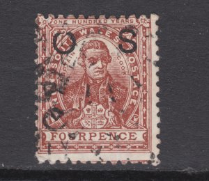 New South Wales SG O41cb used. 1888 4p red brown Capt. Cook, broken O in OS