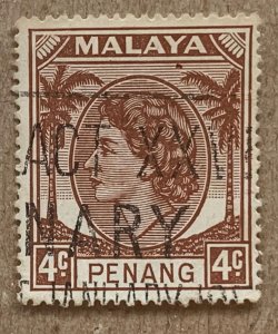 Malaya Penang 1954 4c brown QEII, used. Scott 31, CV $0.25. SG 30