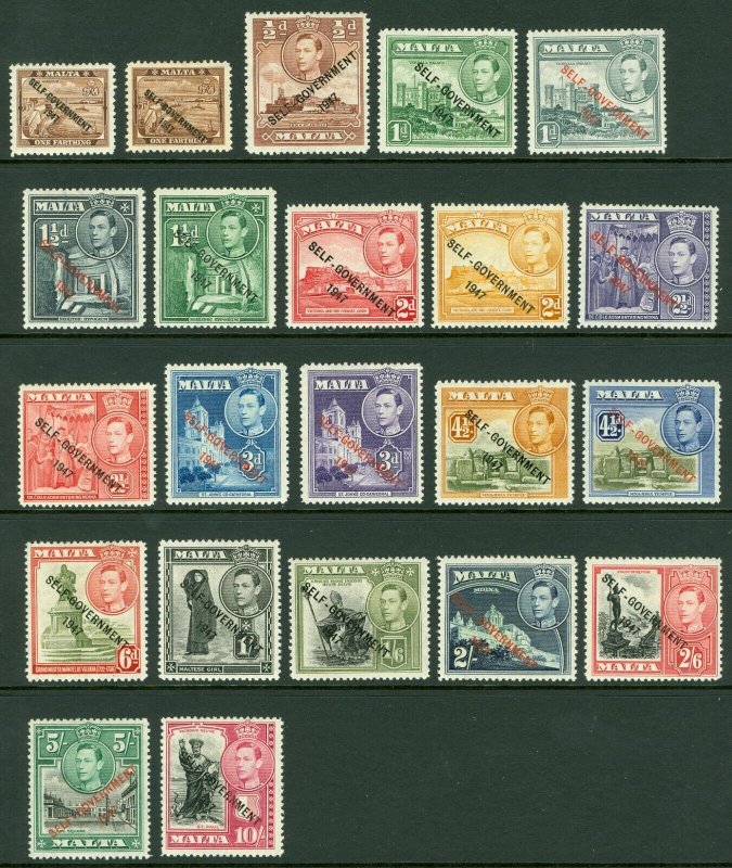 SG 234-248 Malta 1948-53. ¼ to 10/- set of 21. Lightly mounted mint CAT £100