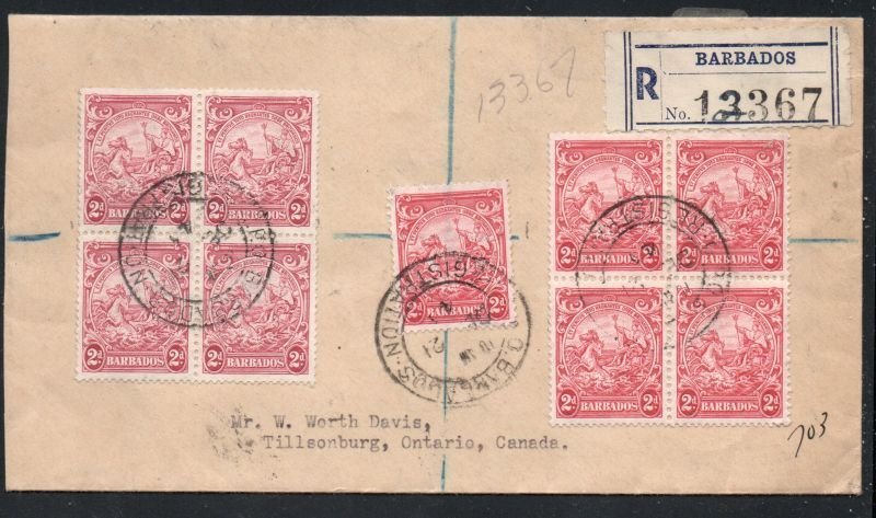 Barbados Sc 195B on registered cover to Tillsonburg Canada