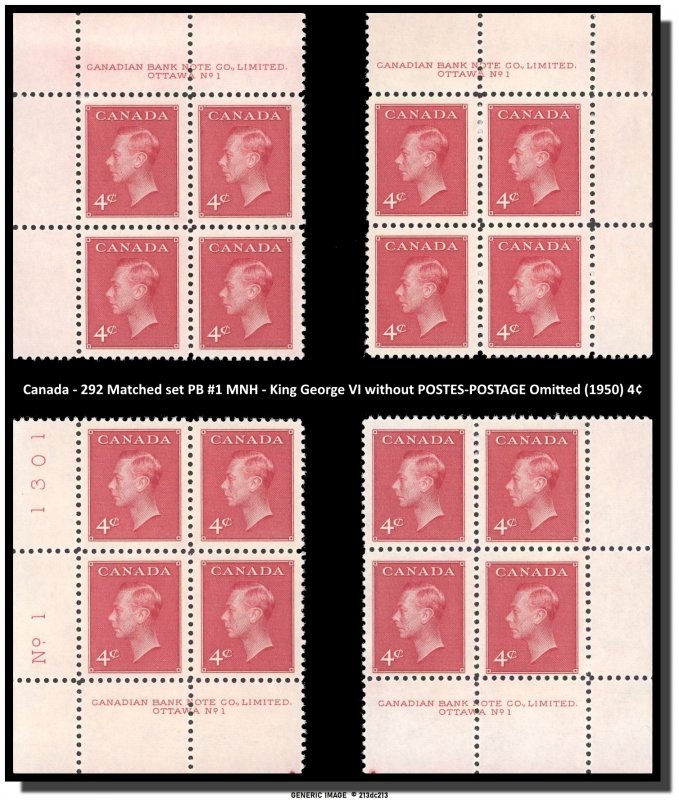 Canada - 292 Matched set PB #1 MNH - KG VI without POSTES-POSTAGE - CV 10$