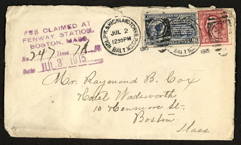 1915 # E8 SPECIAL DELIVERY Cover w/ BOSTON FEE AUXILIARY Mark