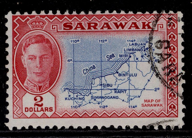 SARAWAK GVI SG184, $2 blue & carmine, FINE USED. Cat £15.