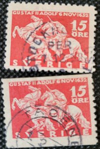 Sweden, 1932, #231 & 233, 15o dark red, different perforation, used, SCV$2.40